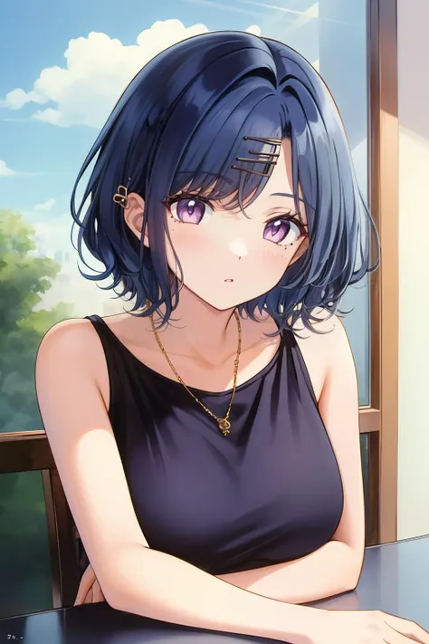 anime girl with blue hair sitting at a table with a glass of wine