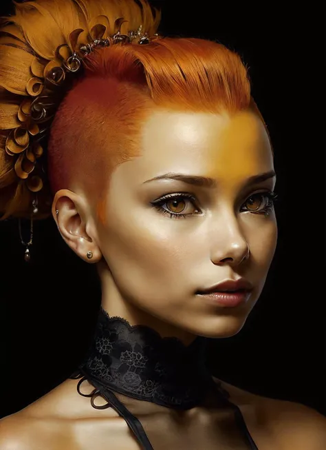 portrait of sks woman by Flora Borsi, style by Flora Borsi, bold, bright colours, orange Mohawk haircut, ((Flora Borsi)), <lora:locon_jessicaparker_v1_from_v1_64_32:1.3>