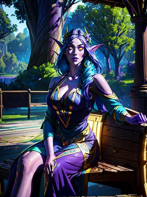 1girl, beautiful shenelf, purple skin, glowing yellow eyes, long blue hair, flower crown, facepaint, purple dress, medieval park, tree, wooden bench, dark atmosphere, athletic, volumetric lighting, best quality, masterpiece, realistic,  <lora:sxz-night-elf...