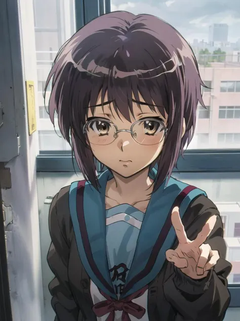 <lora:kyoani_haruhi_style_offset:1> ,kyoani haruhi style, 1girl, solo, yuki nagato, kita high school uniform, short hair, school uniform, blue sailor collar, sailor collar, serafuku, cardigan, purple hair, bangs, brown eyes, anime coloring, ((masterpiece))...