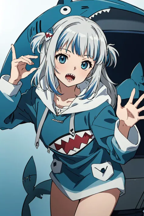 (masterpiece, best quality),  intricate details
 gawr gura, shark girl, shark tail, shark print, blue hoodie, sharp teeth, anima...