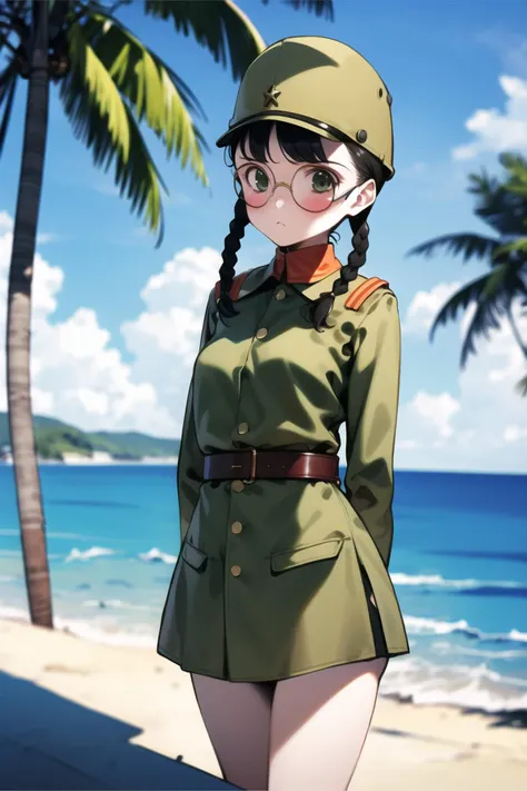 masterpiece, best quality, absurdres, high resolution, extremely detailed, 1girl, solo,    ((IJA Showa, field cap,IJA officer, open collar,oliver green uniform,  )), leather belt pouch,  small breasts, wide hips, narrow waist, black hair, twin braids, glas...