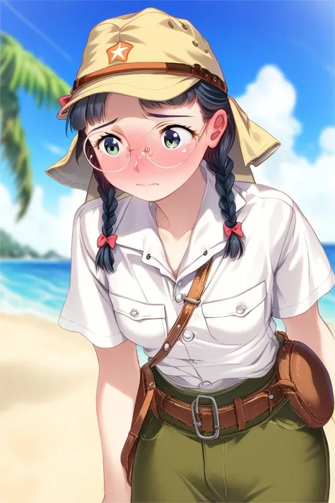 score_9,score_8_up,score_7_up,artbook,game cg,1girl,solo,((IJA Showa, field cap with neck flaps,field cap , open collar white shirt,oliver green pants, short sleeve,)),leather belt pouch,small breasts,black hair,twin braids,glasses,round eyewear,worried,fu...