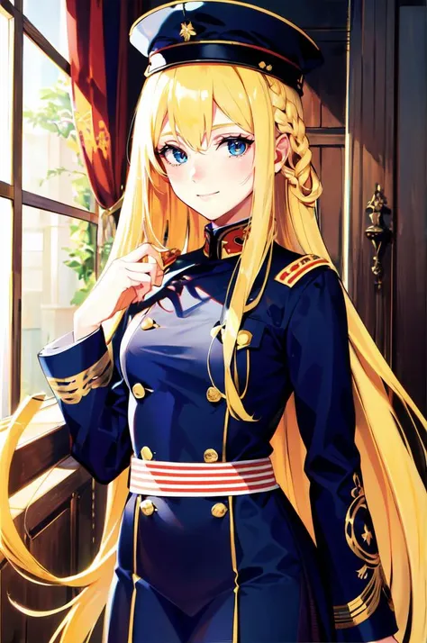 ultra detailed, masterpiece, best quality, solo, , soft smile, light smile,
1girl, blue eyes, very long hair, blonde hair, long blonde hair, french braid, bangs, medium breasts,
 <lora:IJAuniform-v1:0.75> IJA Taisho, IJA Showa, court uniform, military hat,