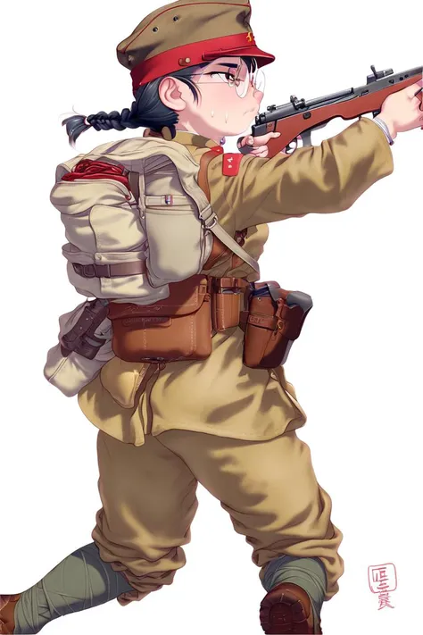 score_9,score_8_up,score_7_up,artbook,game cg,1girl,solo,cowboy shot,small breasts,black hair,twin braid,round eyewear,exhausted,sweat,flustered,gun,weapon,rifle,holding_gun,military,military_uniform,aiming,backpack,soldier,uniform,trigger_discipline,bolt_...