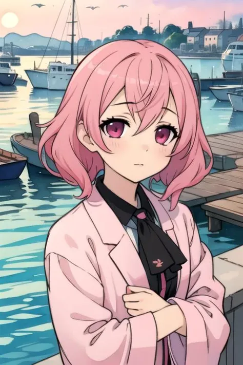 masterpiece, best quality, game cg, 1girl, solo, looking at viewer, upper body, , (watercolor illustration, soft pastel colors:1.1), , <lora:karuta_roromiya:0.68>, karuta_roromiya, pink hair, pink eyes, , , harbor,