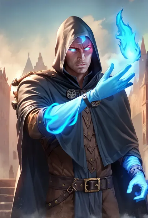 a man in a hooded jacket holding a glowing blue ball