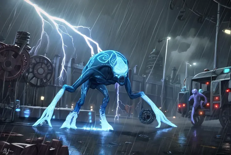 there is a blue alien standing in the rain with a car behind it