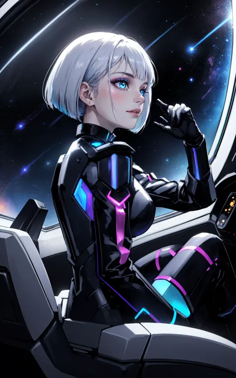 (over the shoulder:1.1), movie still,side view, spaceship cockpit, beautiful young skinny auburn caucasian adult woman sitting in spaceship cockpit looking over shoulder at viewer, glowing holographic instruments,(beautiful face:1.11),from behind, smart fa...