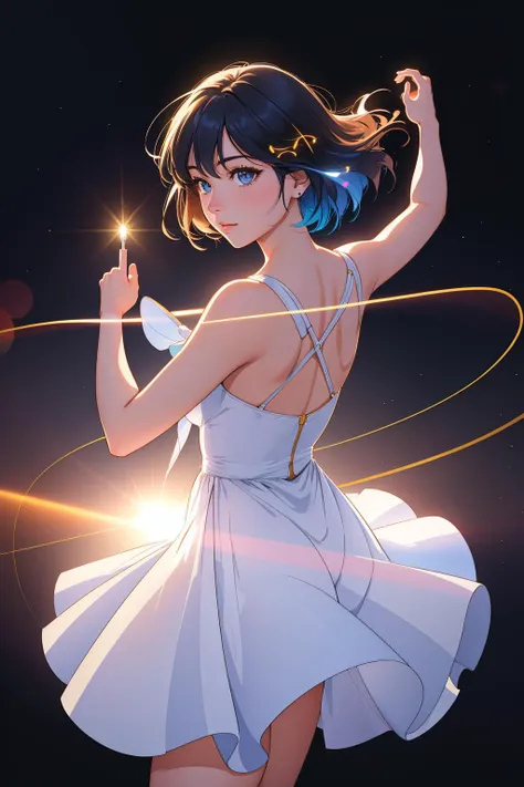 a woman in a white dress holding a sparkle wand