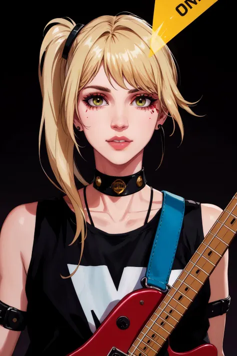 a woman with blonde hair and a black shirt holding a guitar