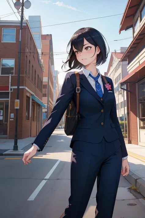 anime girl in a suit and tie walking down a street