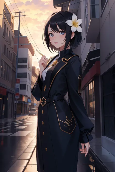 anime girl in a black coat and white flower in her hair