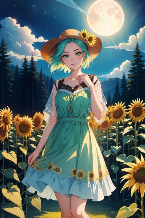 a woman in a sunflower field with a hat and sunflowers