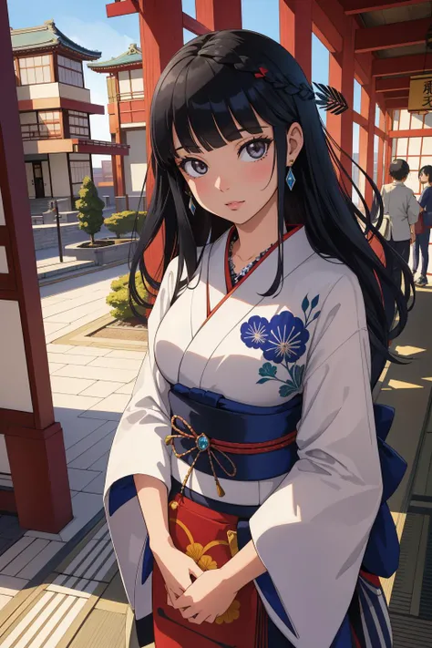 anime girl in traditional dress standing in front of a building