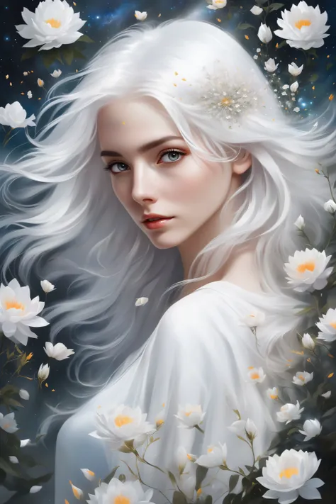 1girl, white hair, magical, abstract, bloom, looking at viewer, realistic, solo, trending on Instagram, trending on Pinterest,