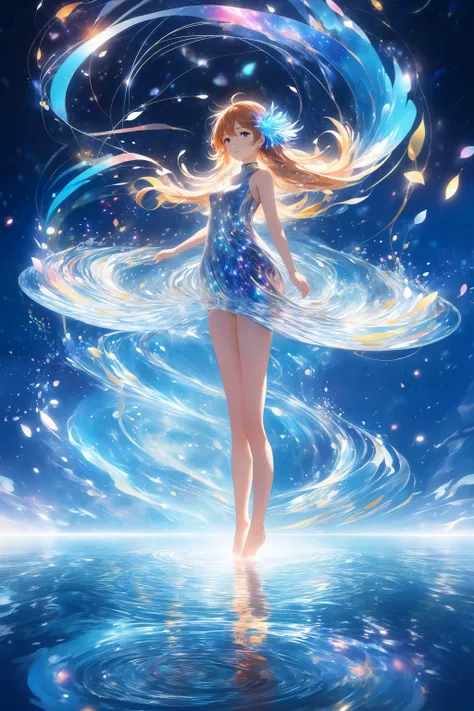 (masterpiece, best quality, highres, anime art style, pixiv), (1girl, solo, full body, standing on an abstract water), (bloom, swirling lights, light particles),