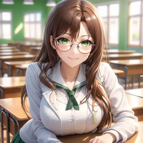 anime girl in a classroom with green eyes and glasses