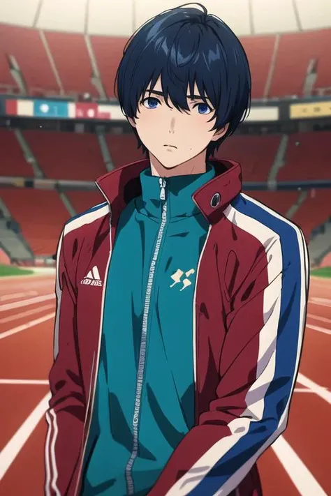 masterpiece, best quality, illustration, 1boy, solo, male focus, looking at viewer, upper body, depth of field, <lora:mirai_kakehashi:0.64>, mirai_kakehashi, , track suit