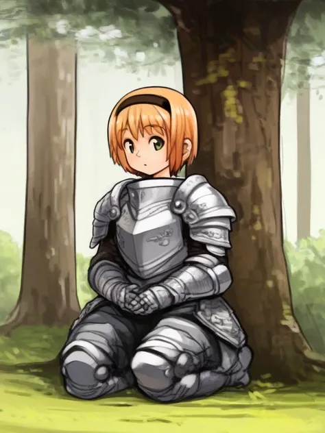 <lora:Sachito-PonyXL-1024px:0.9>
score_5_up, 
1girl, solo, sitting under a tree, kneeling, wearing oversized armor, short hair, hairband, outdoors, sunny