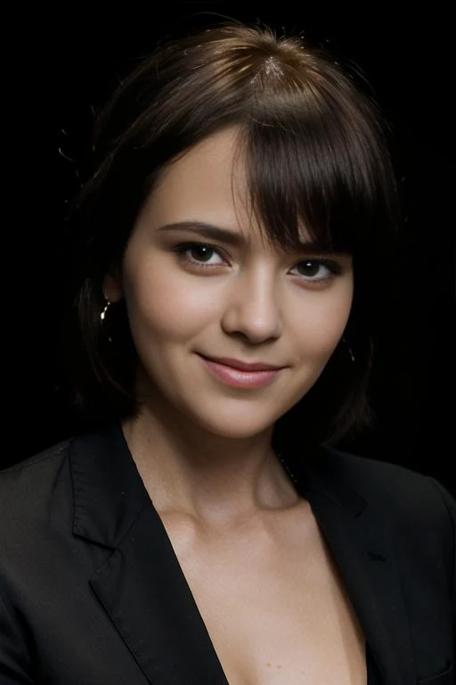 a close up of a woman in a black suit posing for a picture