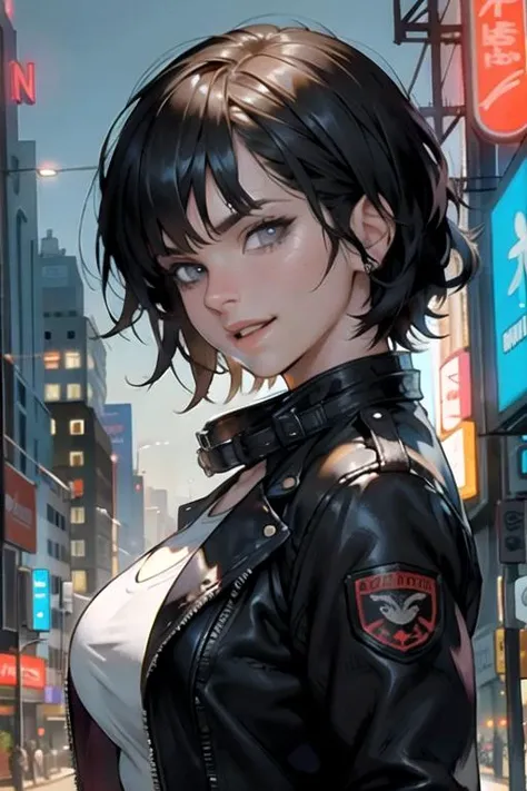 a close up of a woman in a leather jacket on a city street