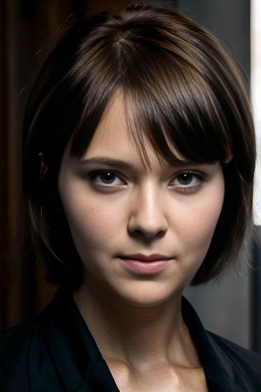 a close up of a woman with a black shirt and a black jacket