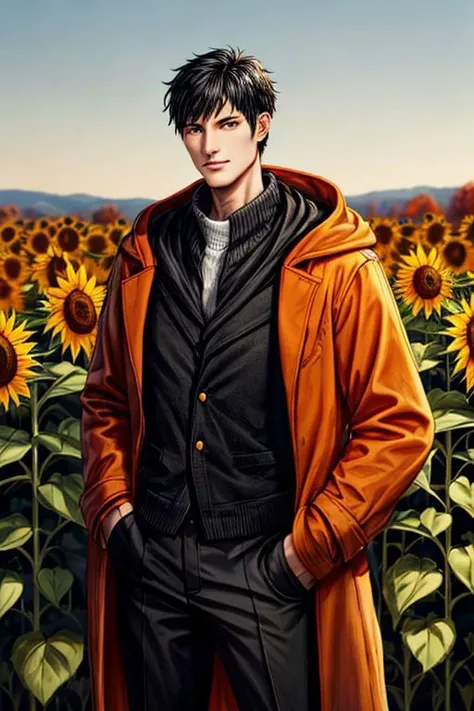 male, black hair, orange coat, hands in pocket, looking at viewer, bust portrait, standing, sunflower field, detailed background, autumn colors, daylight