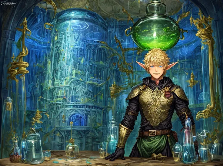 1boy, very skinny,scrawnny, magical tower scene, elf,alchemy laboratory, looking at viewer, experiments, potions brewing, detailed face, growing penis in glass tanks, no muscle, smooth, vibrant colors, high fantasy <lora:more_details:1>