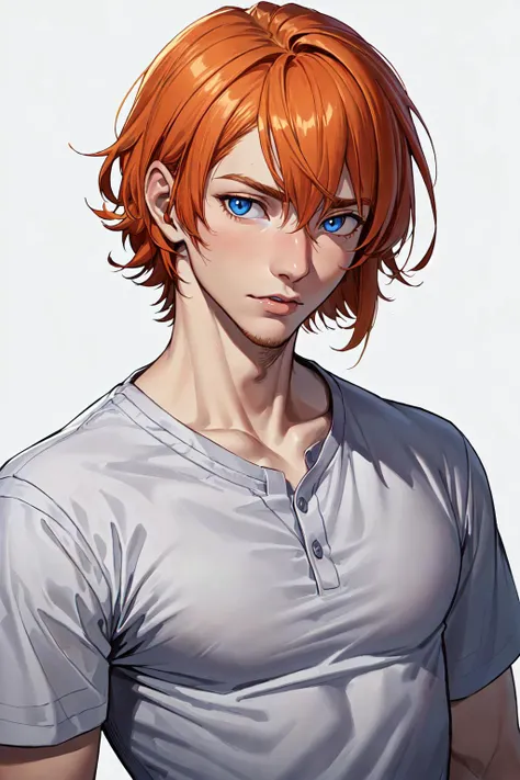 absurdres, young adult, solo, handsome, firm, orange hair, choppy layers hair, grey-blue eyes, ivory skin, Mid-range, henley shirt skin, terrible, capital, diagonal lines, <lora:Cool Mix Style:0.8>, <lora:husbando_v33:0.8>