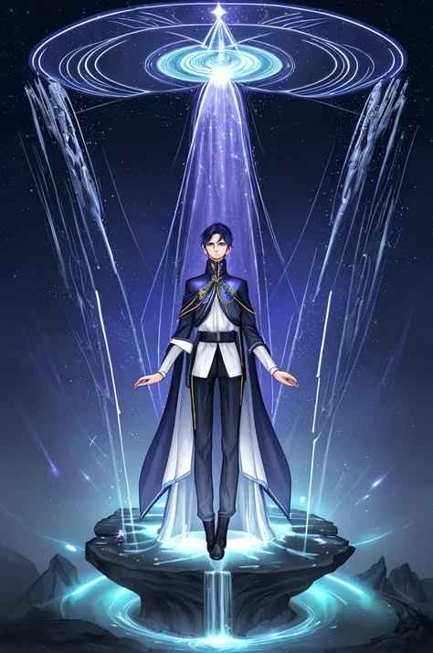 (25yo male mage, futuristic fascistic mage uniform:1.1),
starlight falls, cascading starlight, ethereal melodies, sacred waterfall