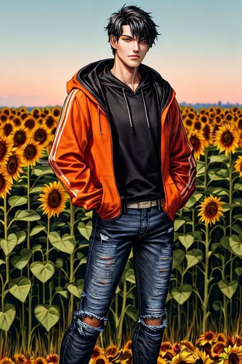 male, black hair, orange jacket over light pink hoodie, hands in pocket, looking at viewer, bust portrait, standing, sunflower field, detailed background, autumn colors, daylight, blue jeans, tight pants,