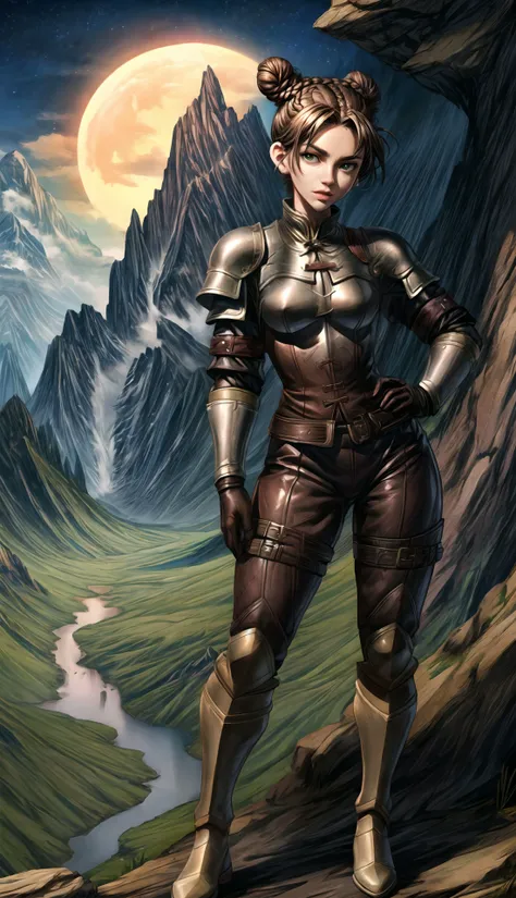 medieval, mountain terrain background, nightfall, medieval settlement in the background,
full body, female, adult, lean body, medium stature, long hair, (braided bun:1.2), medieval leather armor, shy pose, (black eye color:0.6), brown eye color, wide jaw, ...