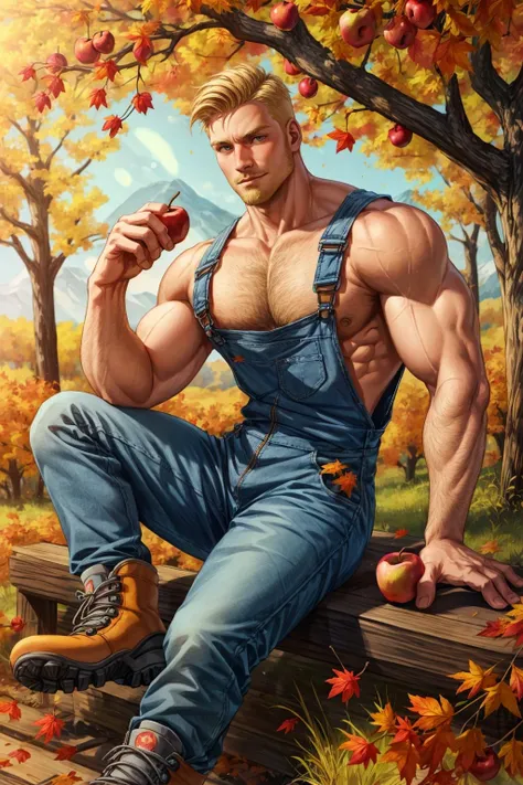 a close up of a man sitting on a bench with an apple