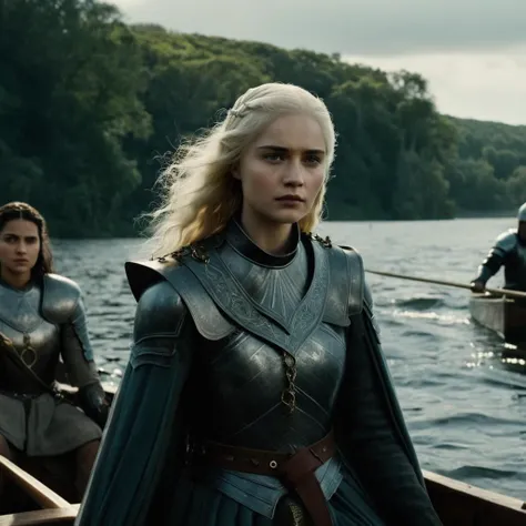 cinematic film still of  <lora:Game of Thrones style:1>
In medieval times a group of people in a boat on a lake,1girl,looking at viewer,blonde hair,black hair,weapon,outdoors,multiple boys,sword,water,cape,armor,tree,facial hair,3boys,cloak,watercraft,bald...