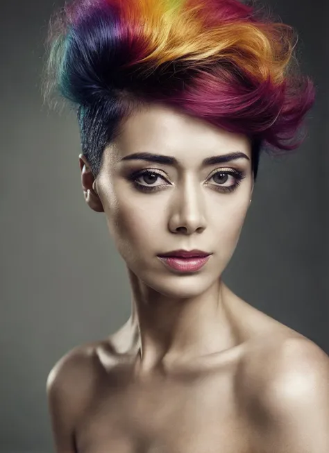 portrait of sks woman by Flora Borsi, style by Flora Borsi, bold, bright colours, rainbow Mohawk haircut, ((Flora Borsi)), <lora:locon_aimeegarcia_v1_from_v1_64_32:1.25>