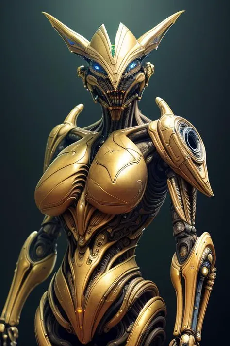 best quality, cgunity, 8k, raw photo of (beautiful:1.2) cyborg man, ugly (intricate  alien style warframe), black gold green, ul...