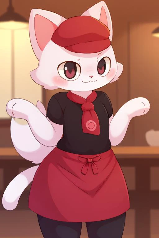 a close up of a cartoon cat wearing a red hat and a red apron