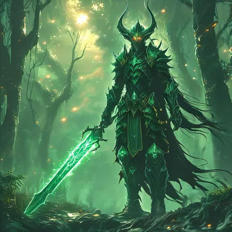 a cinematic shot of a fantasy forest elf, wearing armor, holding a glowing sword with bot hands, hkstyle, green glowing magic around the elf, style of Dan Mumford, masterpiece, fantasy, digital art, highly detailed, overall detail, atmospheric lighting, Aw...