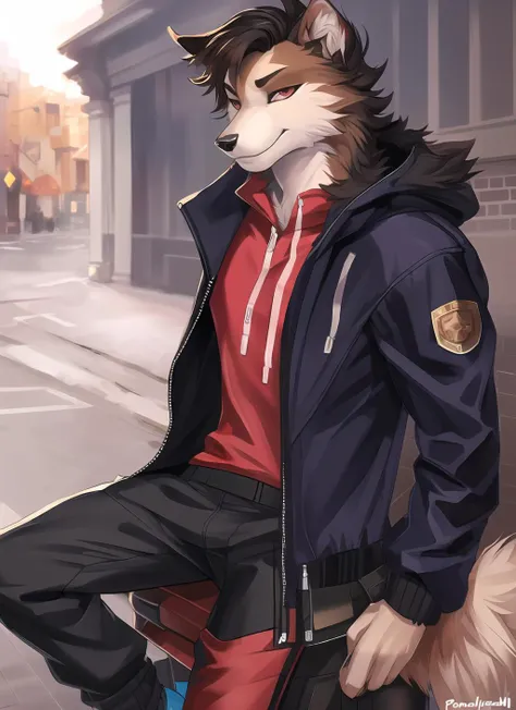 anime boy with a dog in his lapel and a red shirt