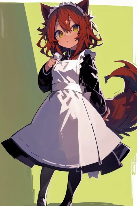 masterpiece,<lora:kaamin-40:1>
kaamin, 1girl, solo, looking at viewer, brown hair, long sleeves, dress, animal ears, hair between eyes, tail, full body, yellow eyes, pantyhose, red hair, apron, black dress, maid, maid headdress, wolf ears, white apron, wol...