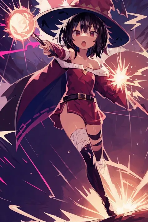 masterpiece,<lora:kaamin-40:1>
kaamin, 1girl, solo, short hair, open mouth, black hair, red eyes, thighhighs, hat, dress, holding, bare shoulders, belt, black thighhighs, cape, witch hat, bandages, red dress, staff, single thighhigh, holding staff, off-sho...