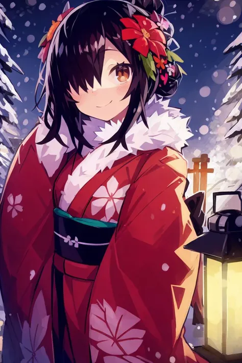 masterpiece,<lora:kaamin-40:1>
kaamin, 1girl, solo, kimono, hair flower, hair ornament, winter, snow, black hair, hair bun, brown eyes, floral print, fur trim, fur collar, smile, hair over one eye,  night, lantern