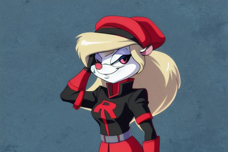 a close up of a cartoon character with a red hat and black outfit