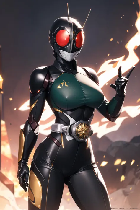 ((masterpiece,best quality)), absurdres, <lora:Kamen_Rider_Black_RX:0.6>, Kamen_Rider_Black_RX, 1girl,solo, mature female,large breasts,smiling, looking at viewer, cowboy shot, cinematic composition, dynamic pose,golden belt,glowing eyes