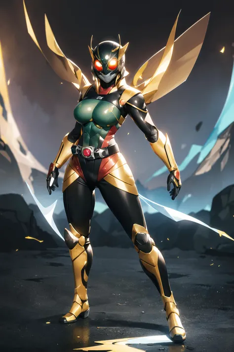 ((masterpiece,best quality)), absurdres, <lora:Kamen_Rider_Black_RX:0.6>, Kamen_Rider_Black_RX, 1girl,solo, mature female,large breasts,smiling, looking at viewer, cowboy shot, cinematic composition, dynamic pose,golden belt,glowing eyes <lyco:GoodHands-be...