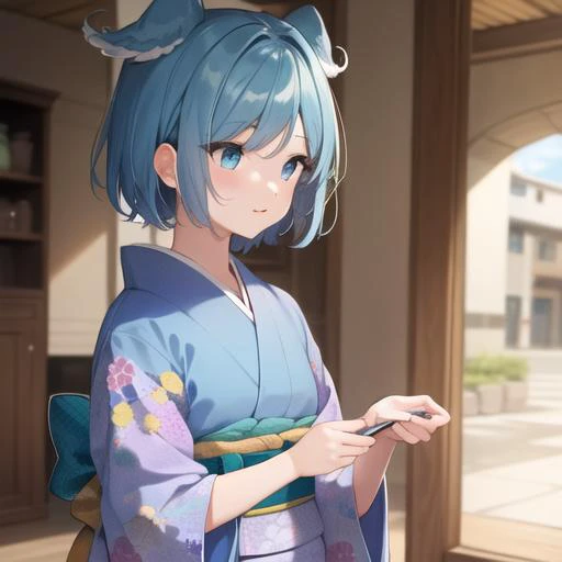 (masterpiece), (best quality), 1girl, solo,  <lora:elira-10:0.7>, short hair, blue hair, Elira, kimono