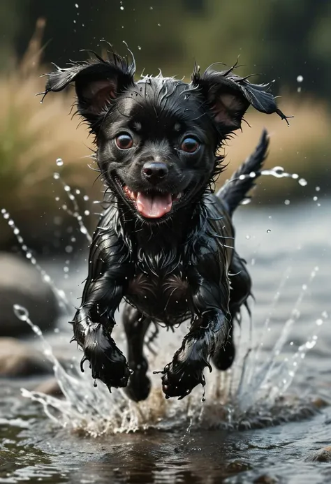 cinematic photo of a cute chibi all black Spider dog running towards the viewer, detailed, masterpiece, high contrast, high saturated, vivid deep blacks, soft image, Splashing Water, Happy Dog
 <lora:Melting_world:0.4>