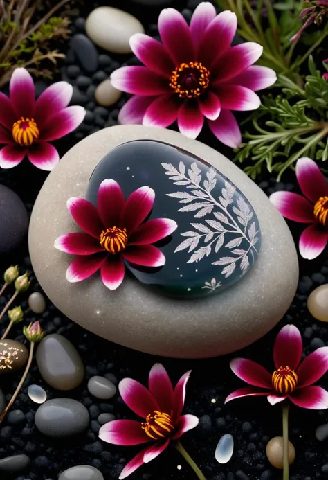 POV shot of a (Pebble:1.1) , designed by Akira manga, with Dupplin details, at Twilight, nature art by Jessie Arms Botke, Moonlight, Calotype, fauna, Masterful Photography, Universe, Dark Crimson Flowers, Etched Creation