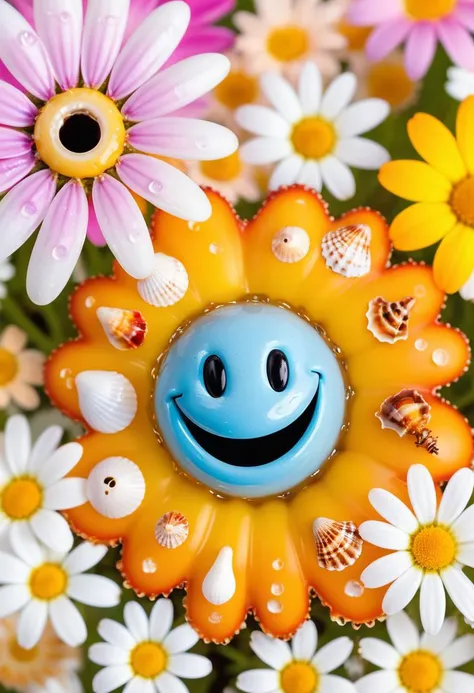 Bahamian Daisies, Burning, covered in Seashells, Golden ratio, Fine art, Princecore, Depth of field 100mm, four colors, full of color, octane engine, Cute Honey Drip, Smiley Face In Middle of Flowers